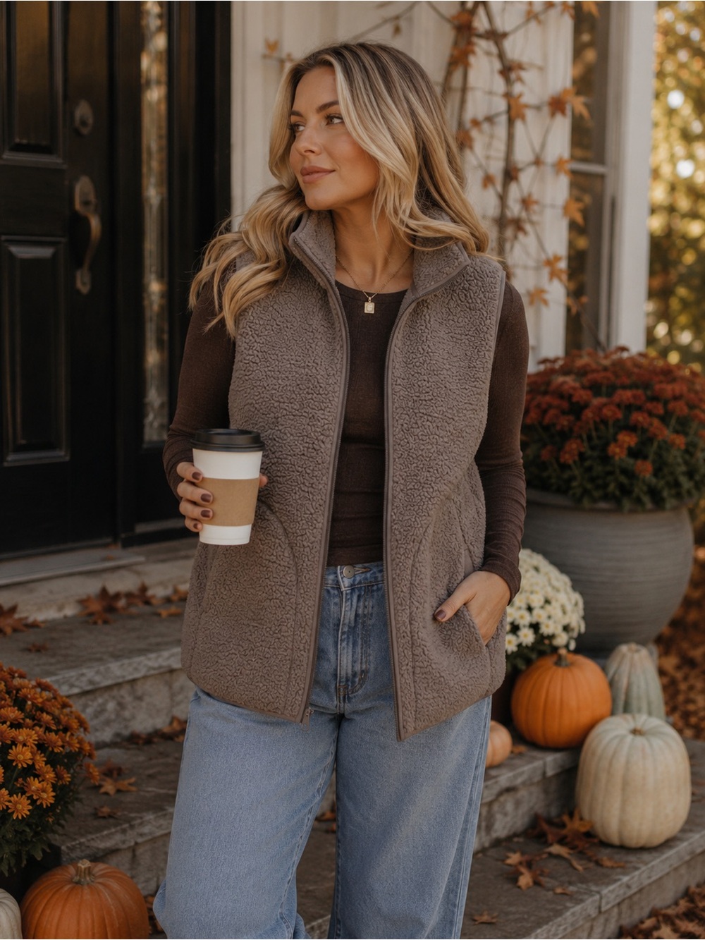 Cozy Taupe Sherpa Zip-Up Vest - Women